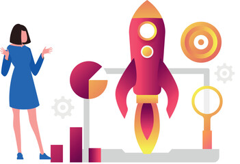 Girl looking at startup rocket.