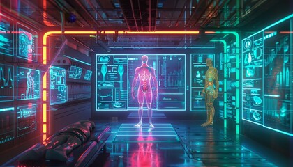 Futuristic hologram interface in a high-tech lab, showcasing sci-fi technology, neon lights, and virtual reality for medical purposes.