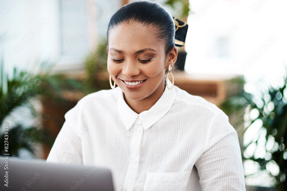 Poster business woman, typing or happy with computer in office for b2b communication, email and online news