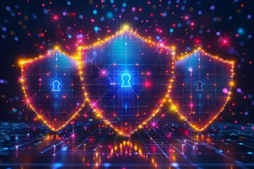 Two digital shields with glowing lines, symbolizing cybersecurity and data protection in a high tech environment