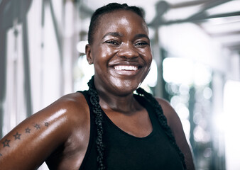 African woman, happy and portrait with sweat in gym for fitness, wellness and exercise. Female...