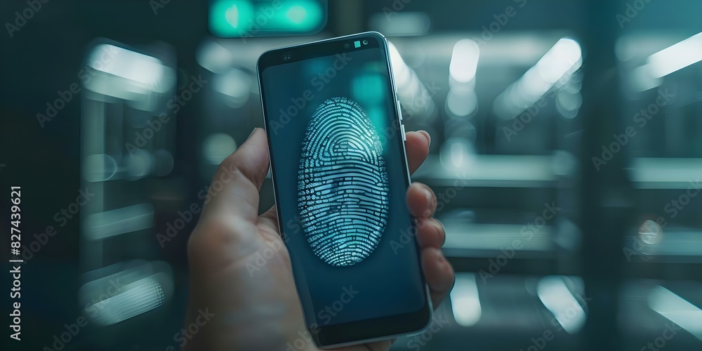 Poster unlocking smartphone with fingertip biometric technology in action modern security feature. concept 