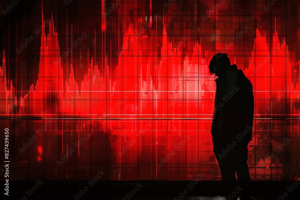 Poster Silhouette of a person standing in front of a large red graph display, representing stock market or financial data analysis.