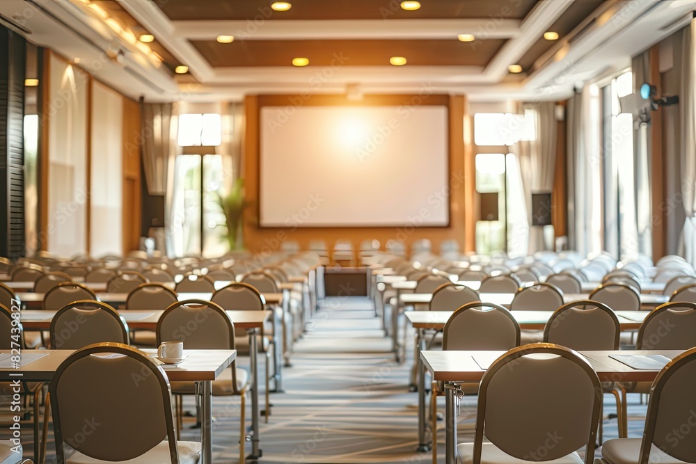 Aufkleber a large conference room with a white screen and rows of chairs. the chairs are empty and the room is