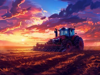 Fototapeta premium Sunset over a farm field with a red tractor plowing soil, vibrant colorful sky, agricultural machinery working on farmland