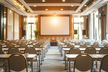 A large conference room with a white screen and rows of chairs. The chairs are empty and the room is mostly empty