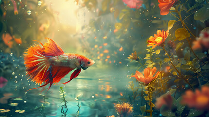 Siamese Betta fish exploring an enchanted, otherworldly garden filled with oversized flowers 