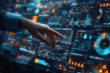 Obraz premium Management consultant using business optimization tools, in consulting firm, strategy models and data projections. Management consulting tech, strategy visualization. , background blur