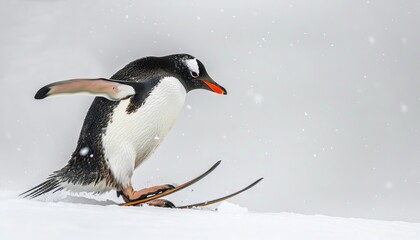 Obraz premium A penguin skiing down a snowy slope.