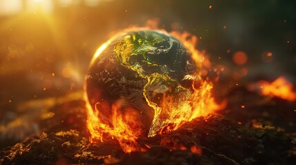 Globe with fire during the summer Caused by global warming.