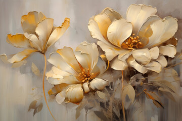 Wallpaper in boho style. Vintage illustration with white flowers with golden lines on a light brown background...