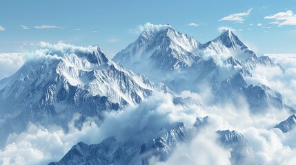 A view from the summit of a mountain shrouded in clouds with snow-capped peaks visible in the distance. Generative AI