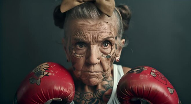 Witness a woman with striking face tattoos donning boxing gloves showcasing her strength and artistry in the ring