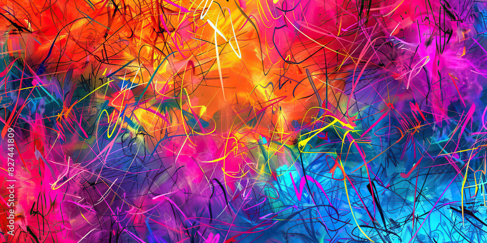 Aufkleber scribble scrabble: random, overlapping scribbles in bright colors, creating an abstract and energeti