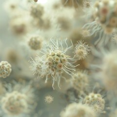 3D render of microscopic pollen in air, hayfever.