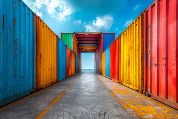 Vibrant Shipping Container Corridor Under Blue Sky for Logistics Concepts