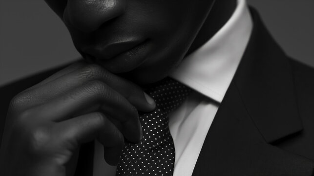 closeup of person in suit and tie with thoughtful expression