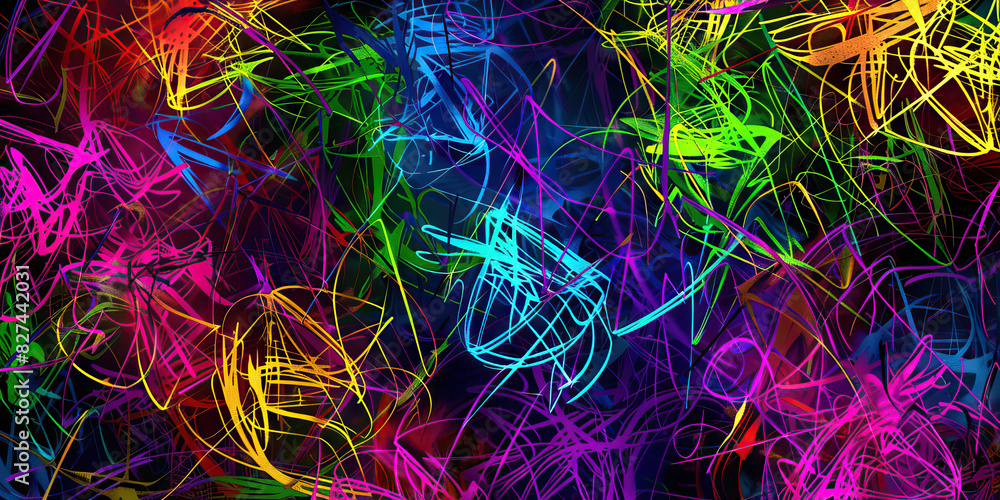 Aufkleber scribble scrabble: random, overlapping scribbles in bright colors, creating an abstract and energeti