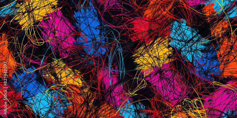Aufkleber scribble scrabble: random, overlapping scribbles in bright colors, creating an abstract and energeti