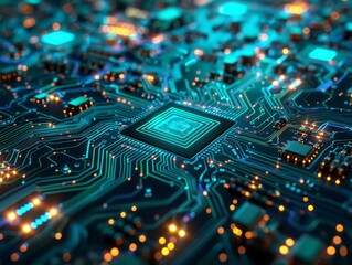 Obraz premium Futuristic Circuit Board with Microchip. Generative AI.