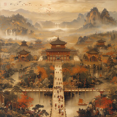Chinese ancient paintings background chinese temple in the morning