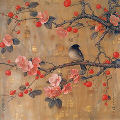Chinese ancient paintings background with flowers and bird