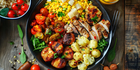 grilled chicken potatoes and vegetables on a black plate with forked next to the plate is a glass of wine wooden background Fresh green salad and baked chicken presented on a rustic textured.