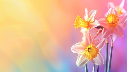 Obraz premium Daffodils on bright gradient background with copy space, Beautiful banner design for Motherâ€™s Day, Valentine or Birthday