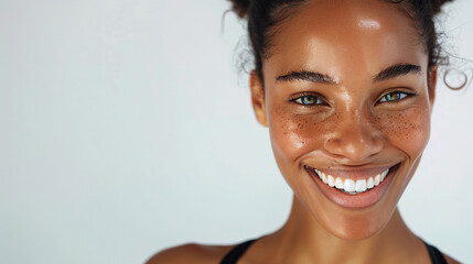An attractive athlete sporty woman with white teeth on white background
