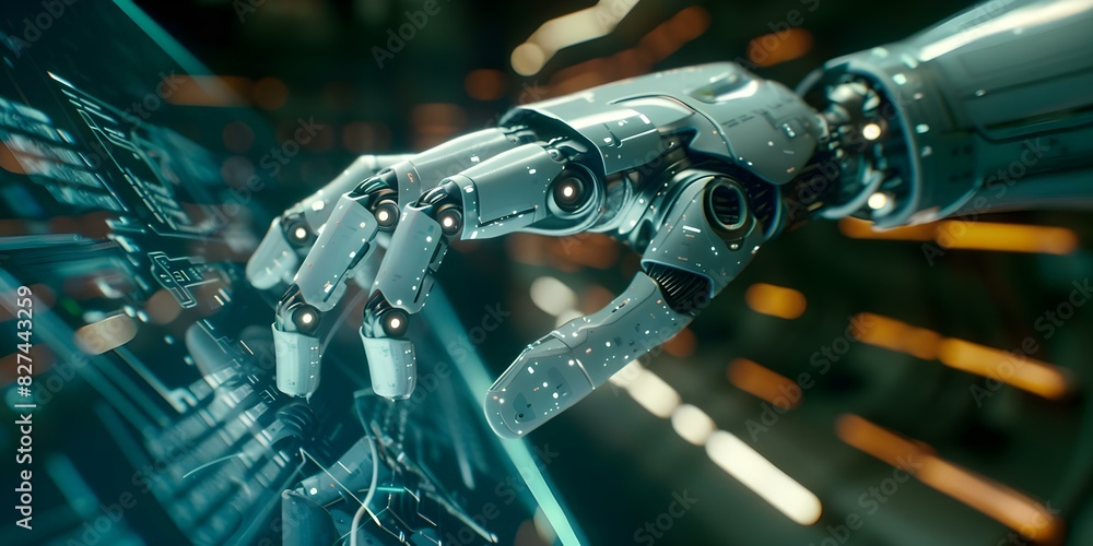 Poster innovative robotic hand interacting with digital holographic interface in futuristic setting. concep