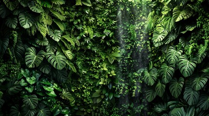 Lush green tropical rainforest foliage with dense leafy plants and soft sunlight filtering through, creating a serene and natural atmosphere.