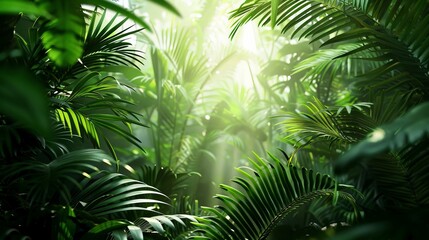 Lush tropical rainforest with sunbeams filtering through dense foliage, creating a serene and vibrant natural scene.