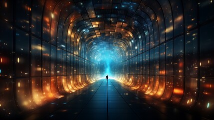 Through time and space,Abstract tunnel, corridor with rays of light and new highlights. Abstract background, neon. Scene with rays and lines, Round arch, light in motion, night view. Neo-Academism Dat