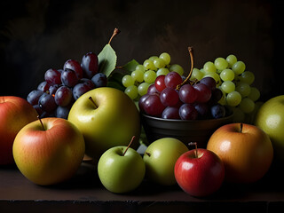 Classic Fruit Arrangement with Dramatic Lighting on Dark Backdrop
