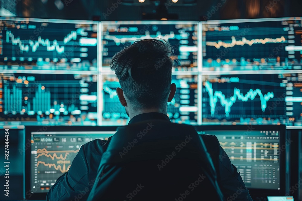 Poster man analyzing stock market data on multiple screens in a high-tech trading room, focusing on financi