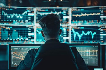 Man analyzing stock market data on multiple screens in a high-tech trading room, focusing on financial trends and investment strategies.