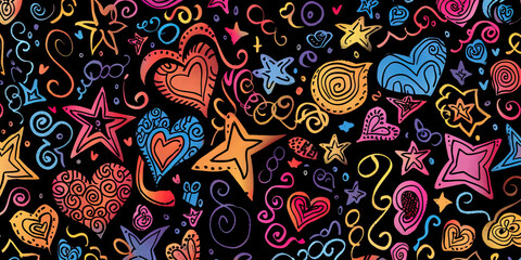 Fototapeta premium Doodle Wonderland: A whimsical pattern of hand-drawn doodles including stars, hearts, and swirls, adding a touch of fun and creativity to the background