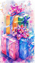 Vibrant watercolor illustration of colorful gift boxes with ribbons and bows. Perfect for celebrations, holidays, and festive decorations.