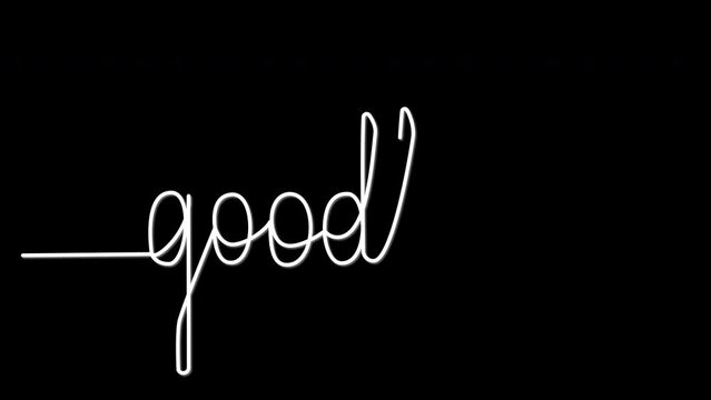 Goodbye word handwriting, script self drawing animation. White script line animated on black background.	