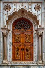 Fototapeta premium The entrance to the palace court in 19th-century Indian architecture: a grand and luxurious display of intricate details, steeped in the rich heritage and civilization of the era.