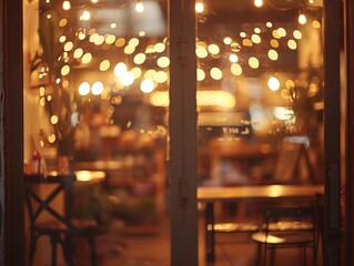 Obraz premium Coffee shop with a comfortable atmosphere It is displayed with a blurred focus effect. The warm light creates a gentle glow.