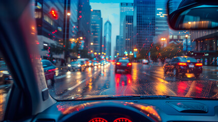 Focused driver navigating bustling city streets amidst evening rush hour, illuminated by city...