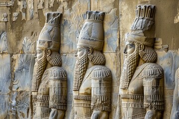 Detailed view of traditional persian soldiers carved in stone at the historical site of persepolis, iran - Powered by Adobe