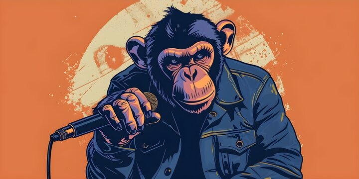 Animated hiphop monkey logo with microphone on clean white background. Concept Hip Hop Monkey Logo, Animated Design, White Background, Microphone Illustration