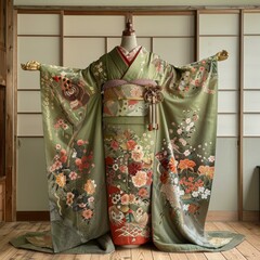 Naklejka premium A woman wearing a green kimono with floral patterns
