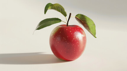 A realistic red apple with fresh green leaves, isolated on a white background, highlighting its vibrant texture and freshness.