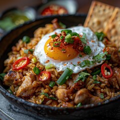 a bowl of indonesian fried rice served with eggs, infused with tradional herbs and spices