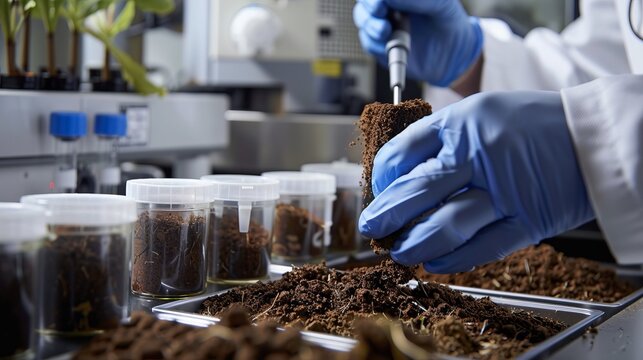 Scientist examines soil samples in a laboratory, analyzing properties for research, agriculture, and environmental science, wearing blue gloves.