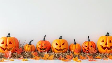Halloween Themed Pumpkin Arrangement With Autumn Leaves On Hay