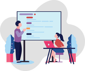 A boy and a girl are discussing business.